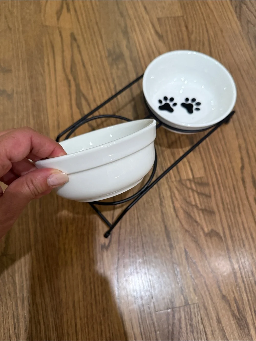White Ceramic Double Dog Bowl Set with Black Stand - Paw & Fishbone Accent